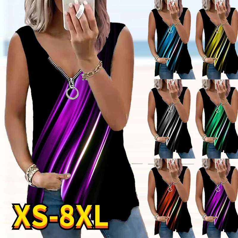 

Women's Fashion Plus Size Tank Tops 2022 New Love Printing Vest Sexy V-neck Zipper Sleeveless T-shirt Casual Loose Pullover Tops