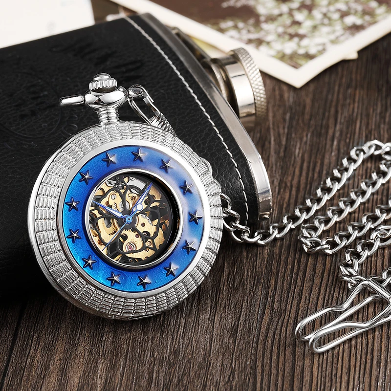 

Fashion Mechanical Pocket Watch Skeleton Blue Star Design Front Case Hollow Flower Roman Numeral Dial with FOB Chain Gift PM098