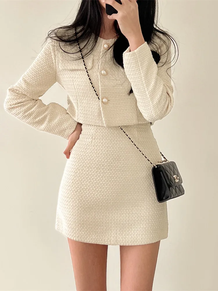 Korean Fashion Tweed 2 Two Piece Set Womens Outfits 2022 Autumn Long Sleeve Short Jacket + A-line Mini Skirt Suits Vintage