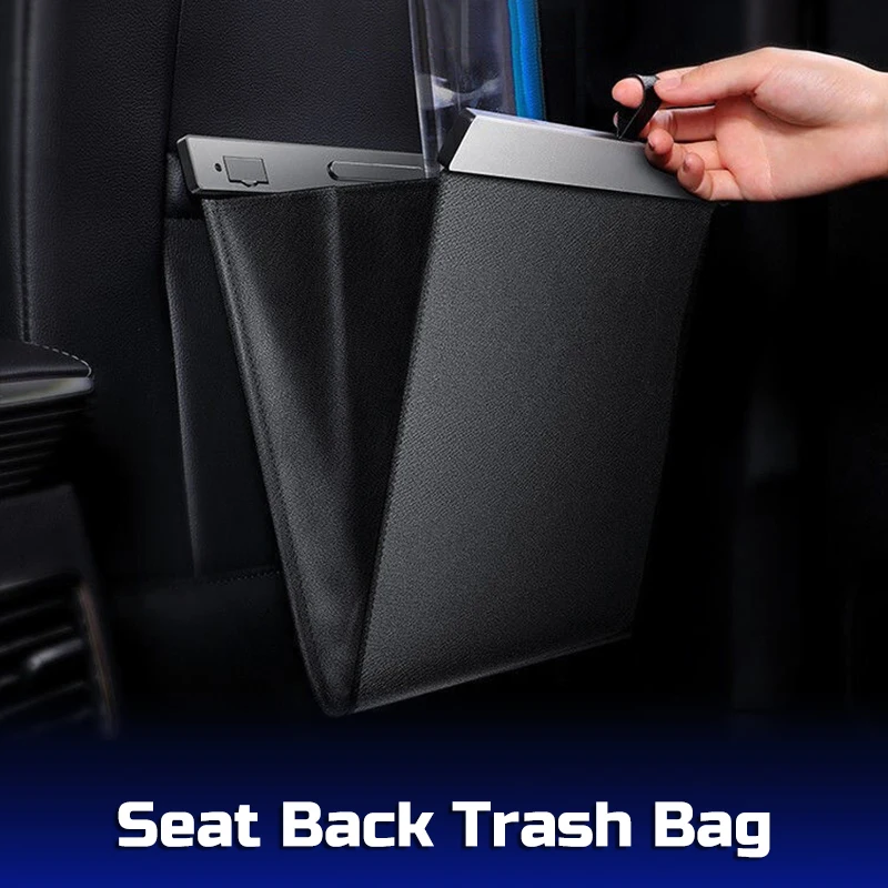 

Car Seat Back Storage Bag Magnetic Open Pocket Organizer Trash Bin Leather Garbage Bag Waterproof Auto Accessories