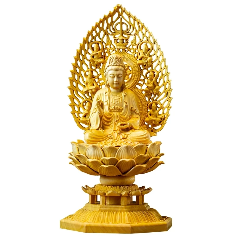 Самшит 18 см Скульптура Гуаньинь Резьба из цельного дерева Маленькая статуя Будды