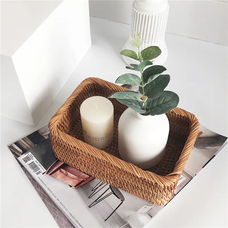 

Handwoven Rattan Storage Basket Square Wicker Tray Picnic Basket Bread Food Plate Fruit Cake Sundries Box Kitchen Decoration