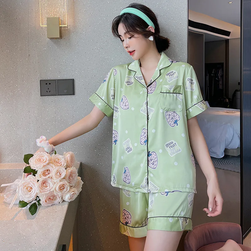 

2Pcs Pajamas Lapel Hoem Wear Shirt Shorts Nightwear Sleep Set Summer Loose Sleepwear Pj Suit Lounge Home Clothing Homewear