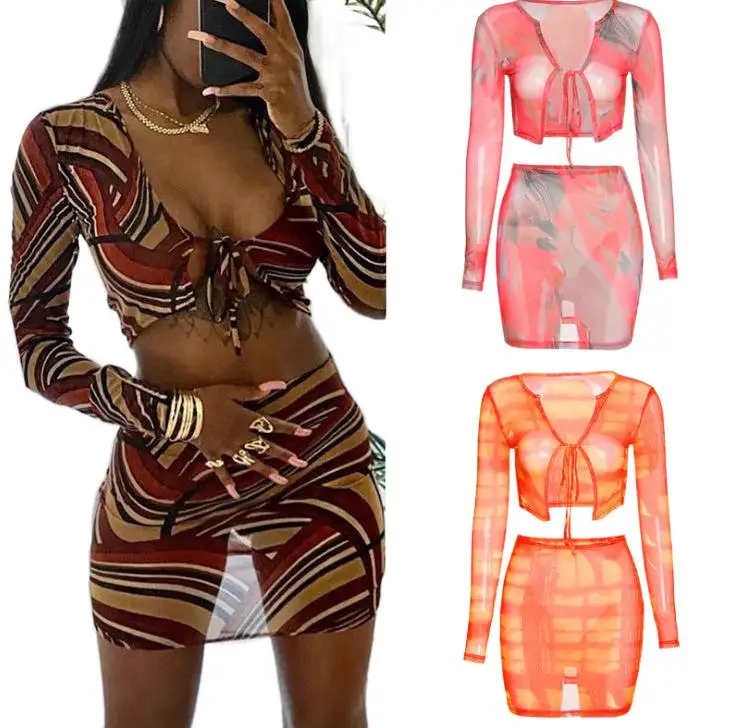 

Autumn Women's Printed Mesh T-shirt High Fanny Pack Skirt Casual Suit