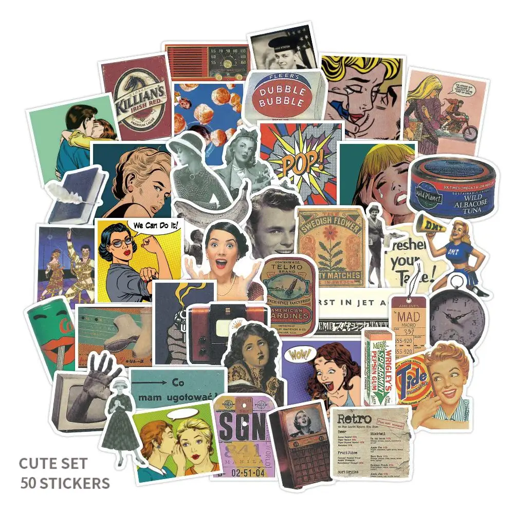 

50pcs European American nostalgic retro Poster Sticker hand account computer skateboard luggage waterproof decorative sticker