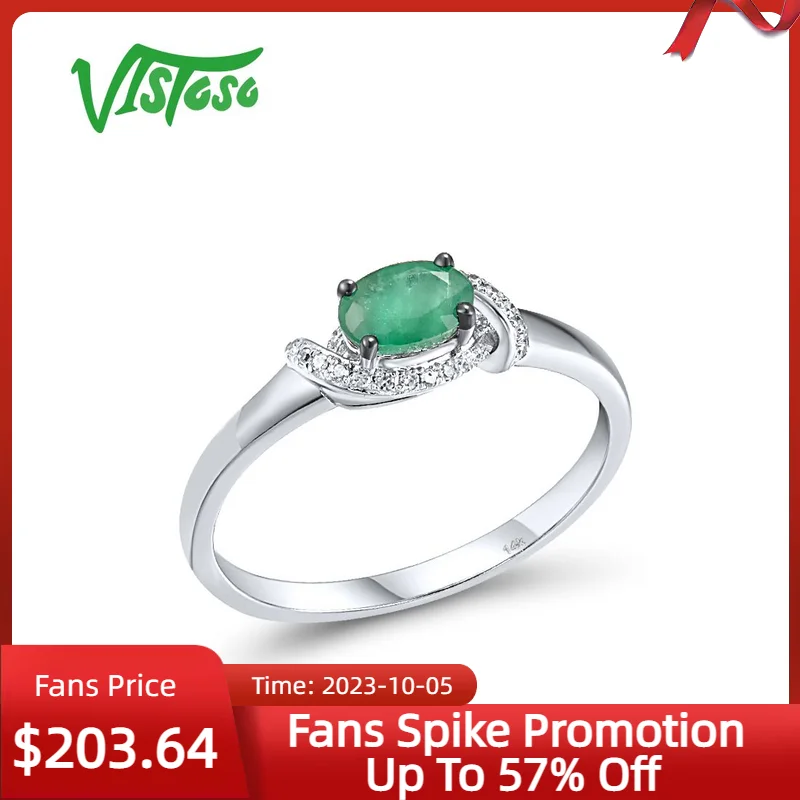 

VISTOSO Genuine Solitaire 14K 585 White Gold Ring For Lady Sparkling Diamonds Green Emerald Delicate Simple Classic Fine Jewelry