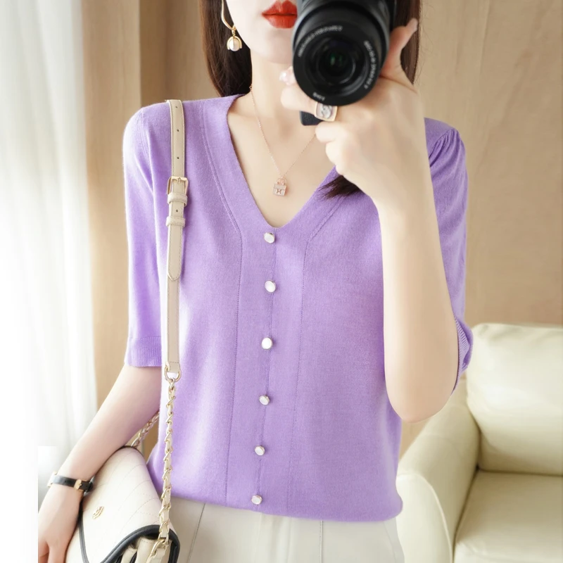 

V-Neck Knitted Short-Sleeved Women's Summer Thin Fake Cardigan T-Shirt Top 2022 New Loose All-Match Half-Sleeved