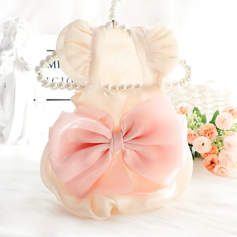 

Новое платье для домашних животных, платье для кошек и собак, летнее блестящее атласное платье принцессы с большим бантом, розовая и абрикосовая Одежда для собак L4379