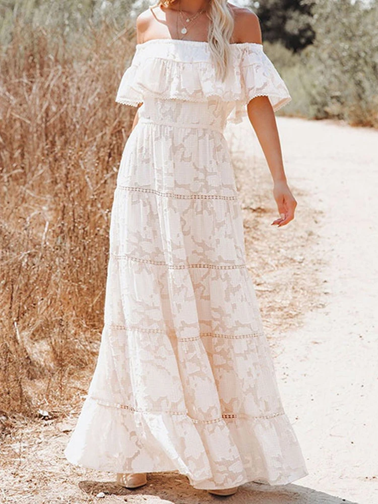 

Retro Sexy Lace Stitching Ruffle Long Dress Elegant Slash Neck Jacquard Slim Dress Women Summer Beach Pleated Maxi Dress Vestido