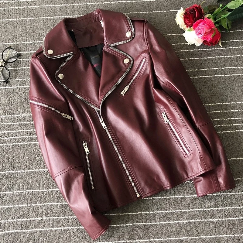 

Genuine autumn leather short jacket, lambskin coat red wine fashion female vintage punk with turtleneck turned