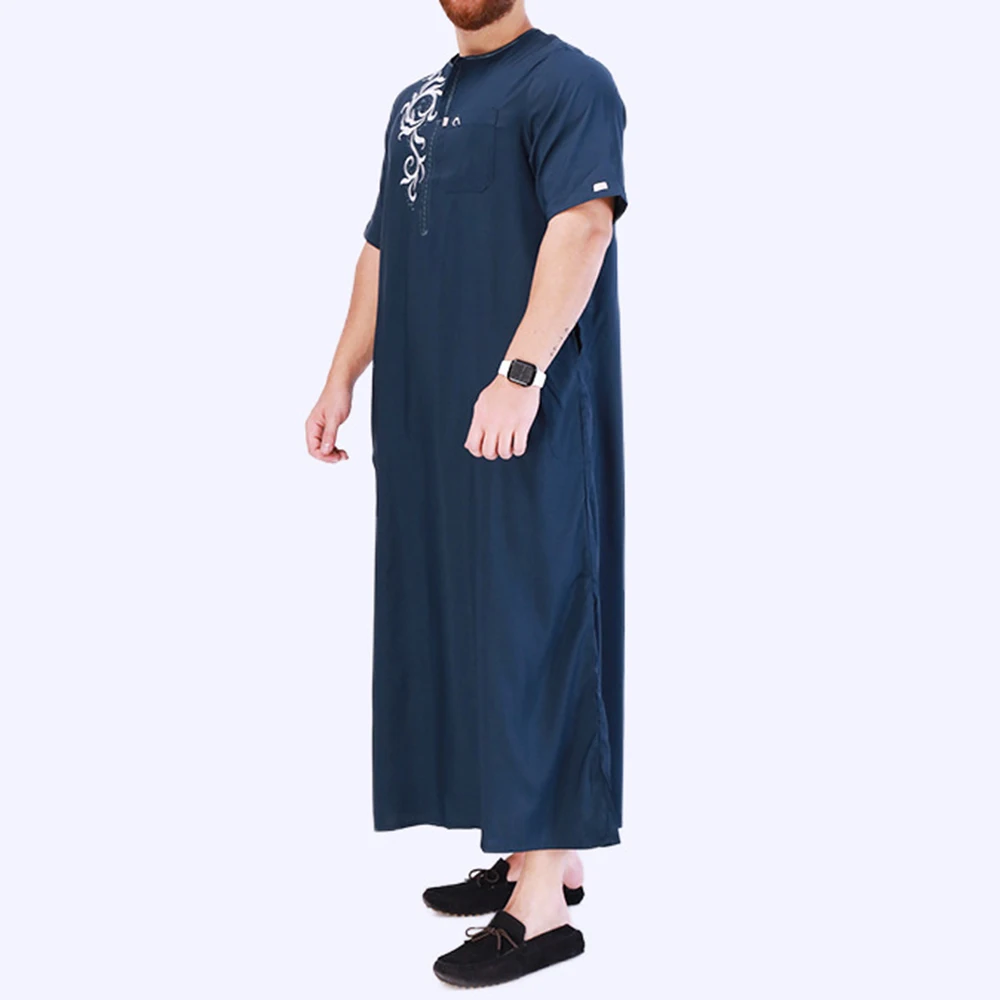 New Summer Arab Ethnic Dress Men Loose Embroidery Short Sleeve Top Worship Muslim Dubai Robe Middle East Islamic Prayer Clothing