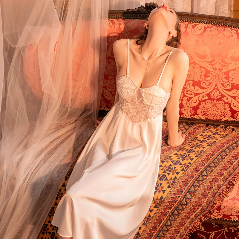 Sexy Lingerie Women Night Dress Thongs Pajamas Silk Satin Pijama Sexy Mujer Sleepwear Lace Vestidos Women's Underwear Lingeries