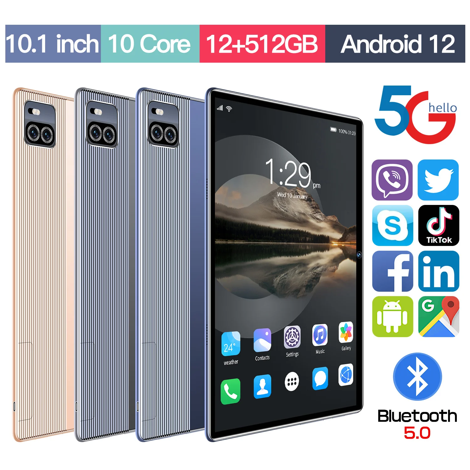 

2023 New 10.1" Android 12 Tablet Octa Core 12GB RAM 512GB ROM 5G Network AI Speed-up Tablets Dual SIM Cards Wifi GPS Type-C