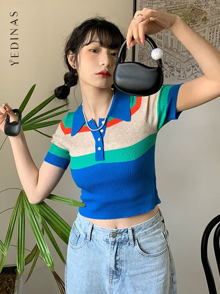 

Yedinas Лоскутная полосатая трикотажная футболка женская одежда короткий топ с коротким рукавом отложным воротником в Корейском стиле 2022 летн...