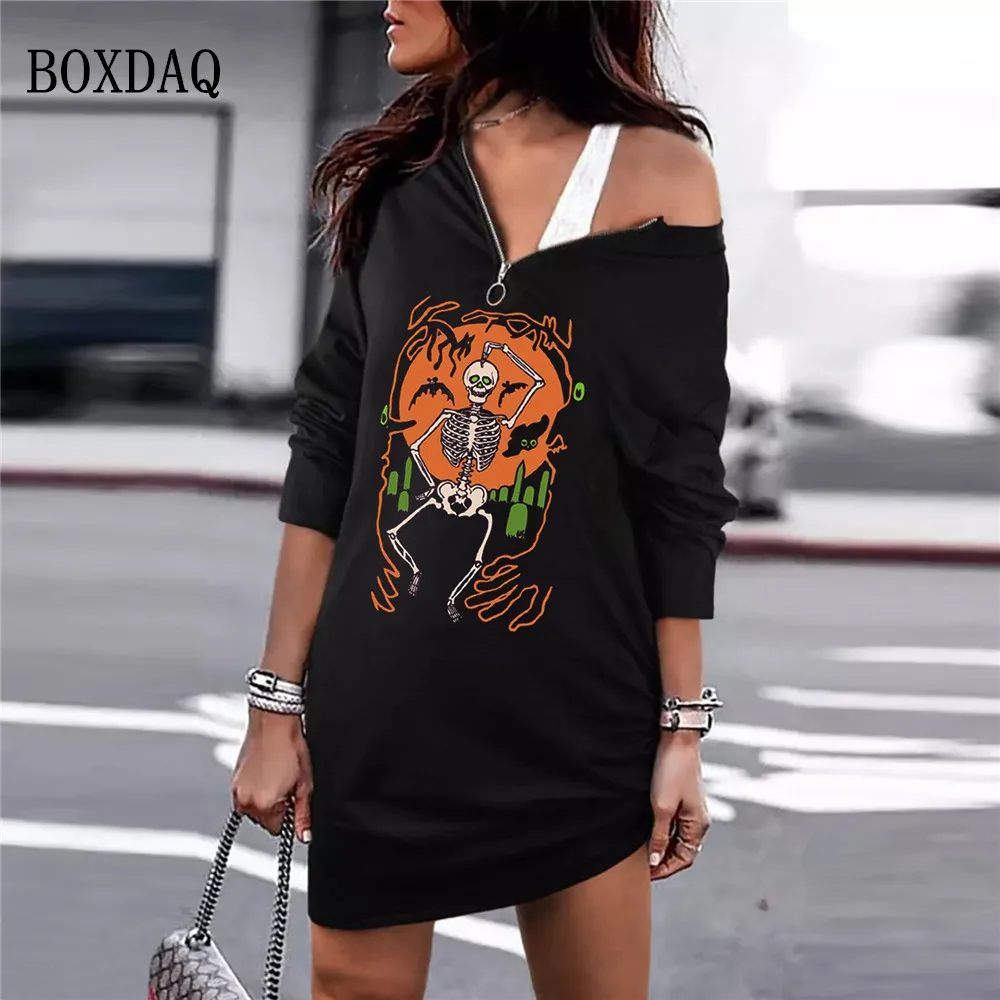 

Autumn Winter Halloween Dresses For Women 2022 Pumpkin Ghost Skull Printed Festival Party Dresses Black Long Sleeve Mini Dress