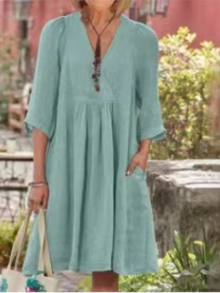 Платье-миди из хлопка и льна с рукавом 2024 V-образным вырезом