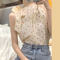 2022 summer fashion chiffion sleeveless top for women halterneck collar bow sexy polka dot chic off shoulder tops blouse shirts