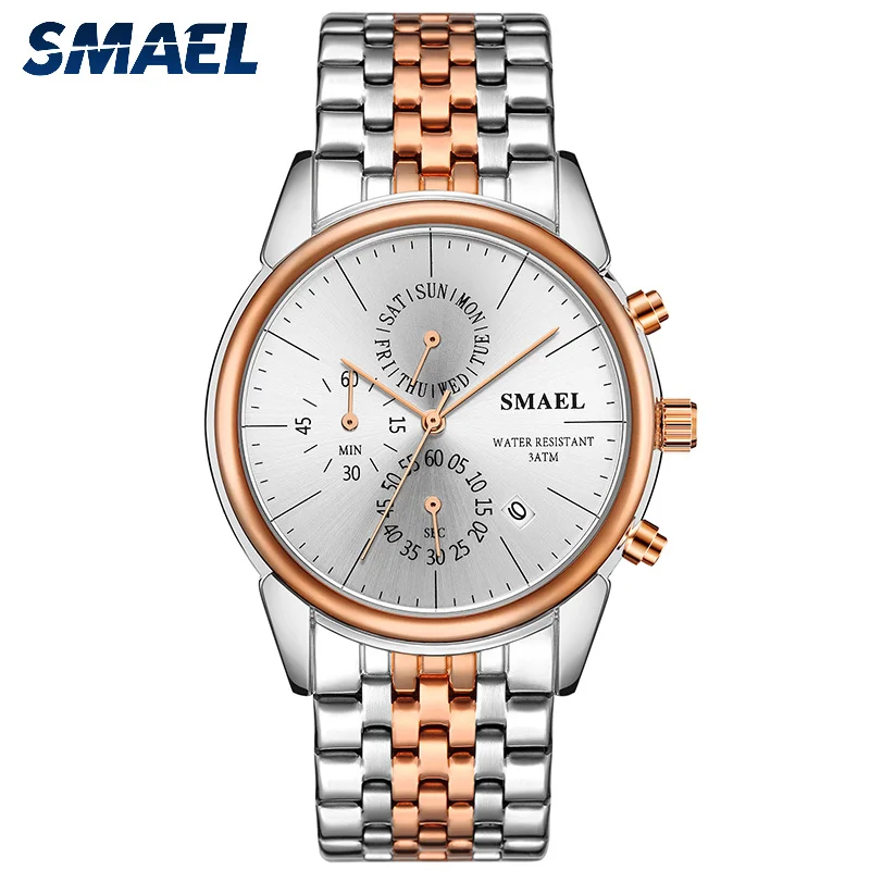 

SMAEL Fashion Men's Watches Waterproof Sport Quartz Watch Two Tone Stainless Steel Strap Chronograph Watch For Men 9621