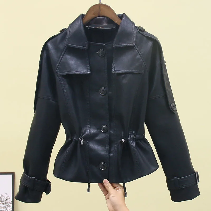 Slim Skinny Girl's  Motorcycle Jacket Women's Spring  Autumn Korean Short Waist Collection PU Leather Coat Drawstring Top