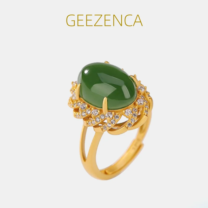 

GEEZENCA Natural Jasper Zircon 925 Sterling Silver Gold Plated Women's Ring Luxury Vintage Green Gemstone Adjustable Ring Gift