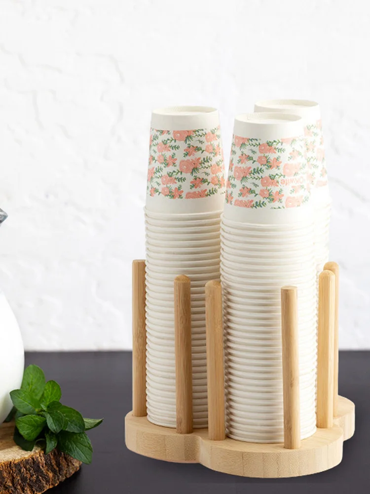 

Single-use Paper Cup Dispenser Anti-slip Cup Holder Natural Bamboo Multi-Section Organizer for Stacked One Time Use Paper Cups