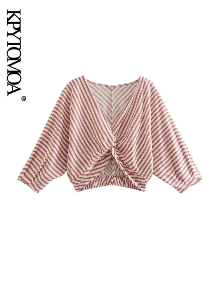 

KPYTOMOA Женская мода с узлом полосатые женские винтажные блузки из льна с рукавом три четверти эластичный подол Женские рубашки шикарные топы