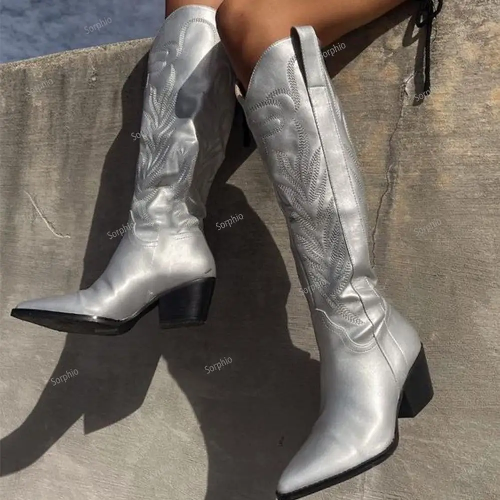 

Sorphio 2023 Brand New High Heeled Women Western Boots Knee High Chelsea Cowgirls Knight Zip Pointed Toed Embroidered Booties