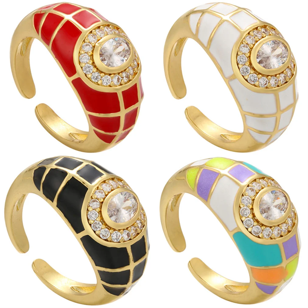 

Plaid Stripes Painted Rings Enamel Craft Zircon Inlaid Brass High Quality Vintage Jewelry Ring for Men Women Free Shipping