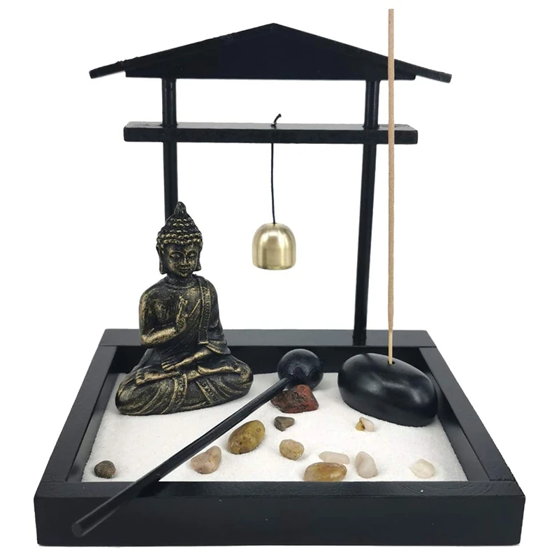 

Promotion! Desktop Zen Sand Garden Meditating Buddha Statue,Mini Zen Garden Sand Tray Kit For Home Office Decor