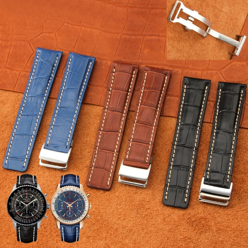 

22mm 24m Genuine Calfskin Leather Watch Strap Band for Breitling Watchband Avenger/navitimer Premier Bracelet Folding Buckle