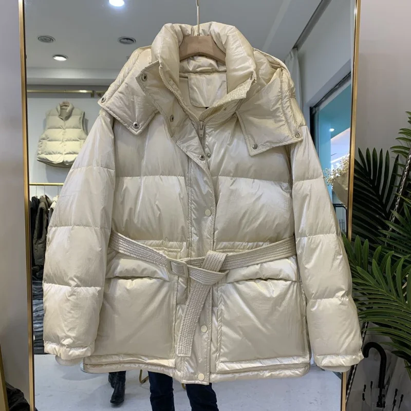 2022 New Winter Ladies Shiny Hooded Down Jacket Parka Coat White Duck Down Jacket Waterproof Snow Women Coats Winter JU456