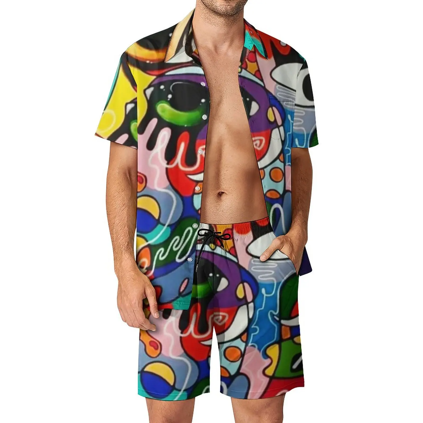 

Funny Eyes Men Sets Colorful Eye Design Graffiti Casual Shorts Vintage Vacation Shirt Set Short-Sleeved Graphic Oversize Suit