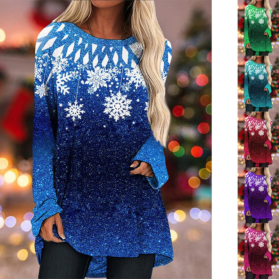 

Elegant Women Round Neck Dress Snow Print Autumn/winter Casual Women Top T-shirt XS-8XL