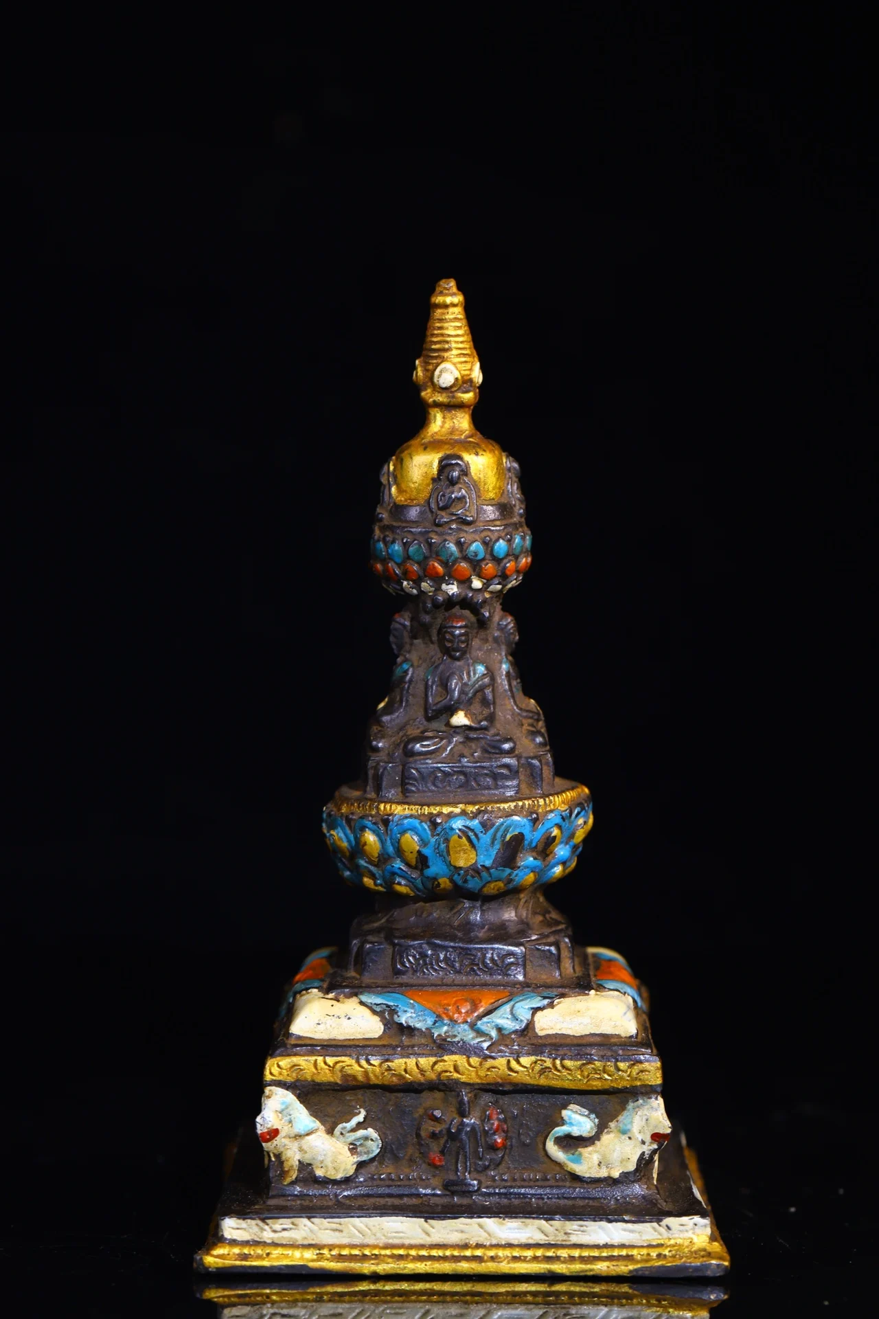 

7"Tibet Temple Collection Old Bronze Tracing Four sided Shakyamuni Buddha Pagoda Stupa Worship Hall Town house Exorcism