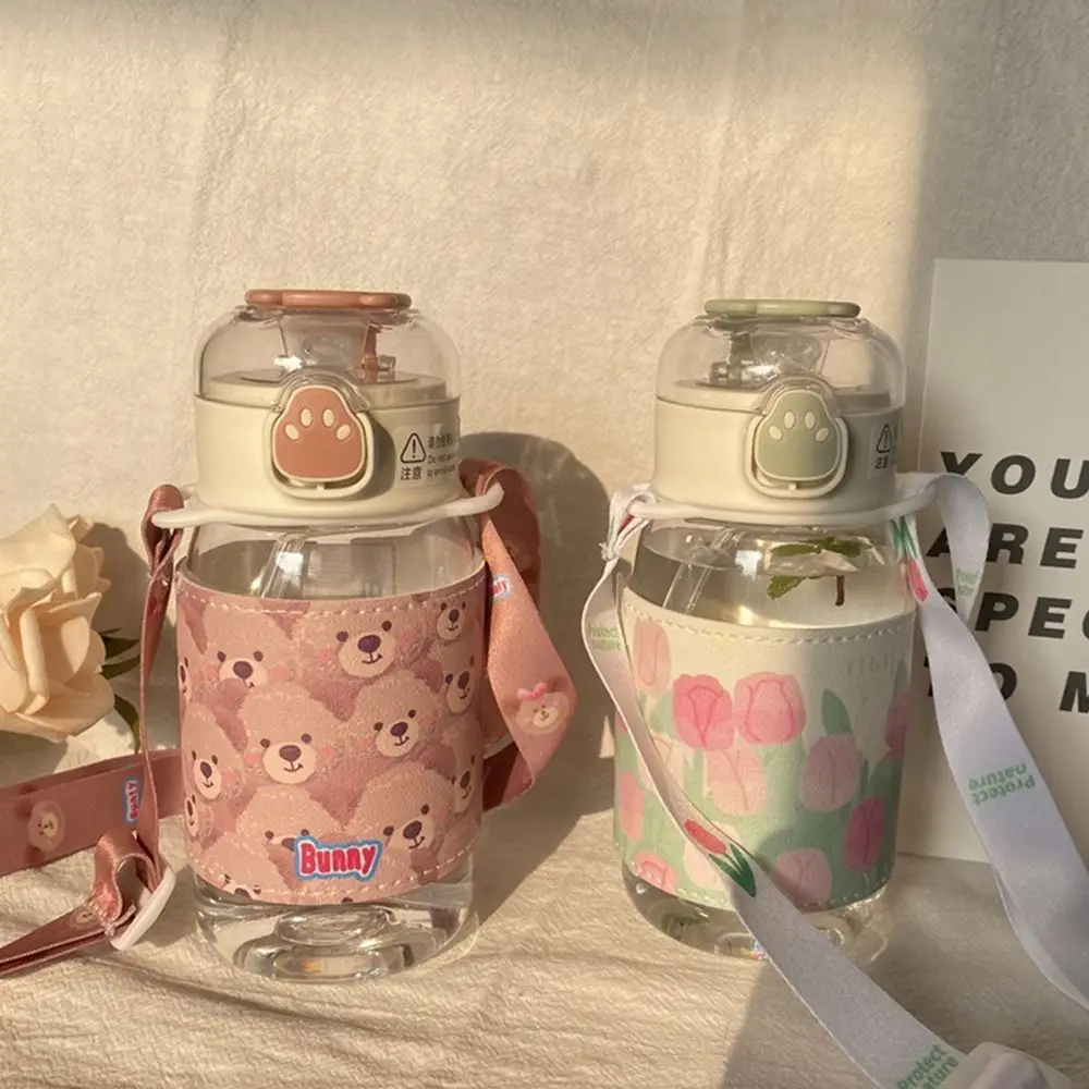 

450ml Kawaii Transparent Small Milk Juice Plastic Bottle Drinking Cup with Straw Water Bottle