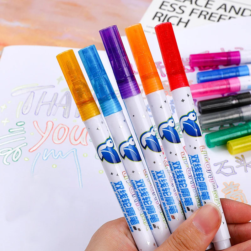 

Double Line Outline Pen Set Manuscript Painting Highlighter Flash Pen Lace Type Hand Account Stroke Art Marker Kawaii Stationery