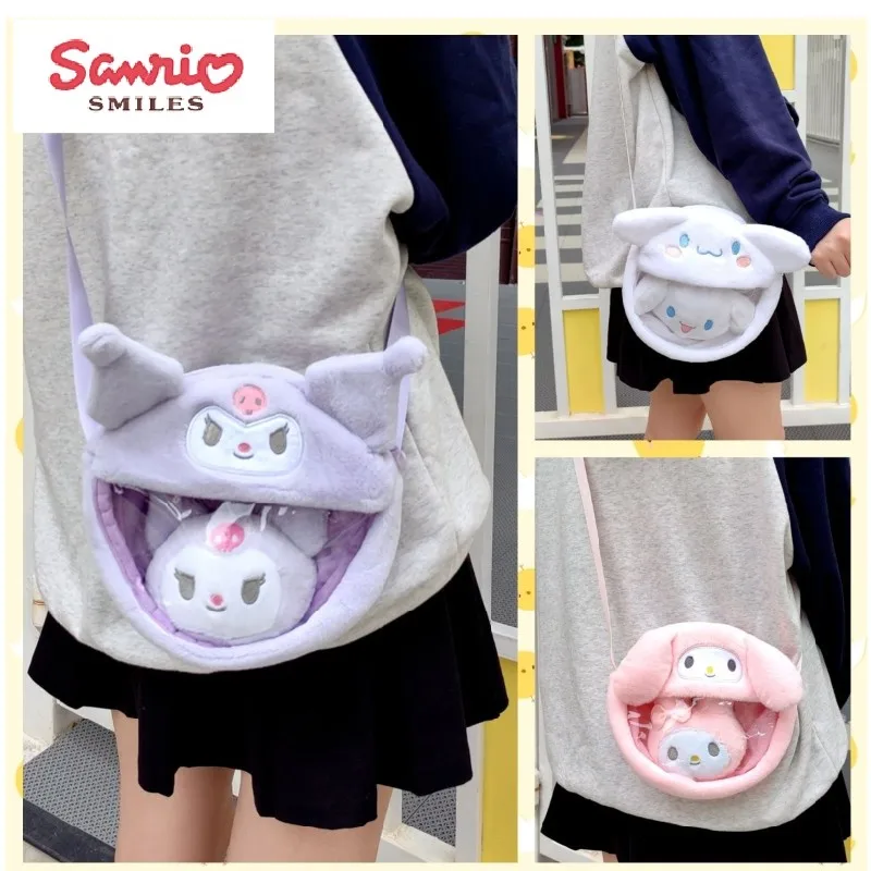 

Sanrio Kawaii Kuromi Melody Cinnamon Roll Cartoon Anime Portable Diagonal Bag Zipper Soft Cute JK Storage Plush Bag Holiday Gift