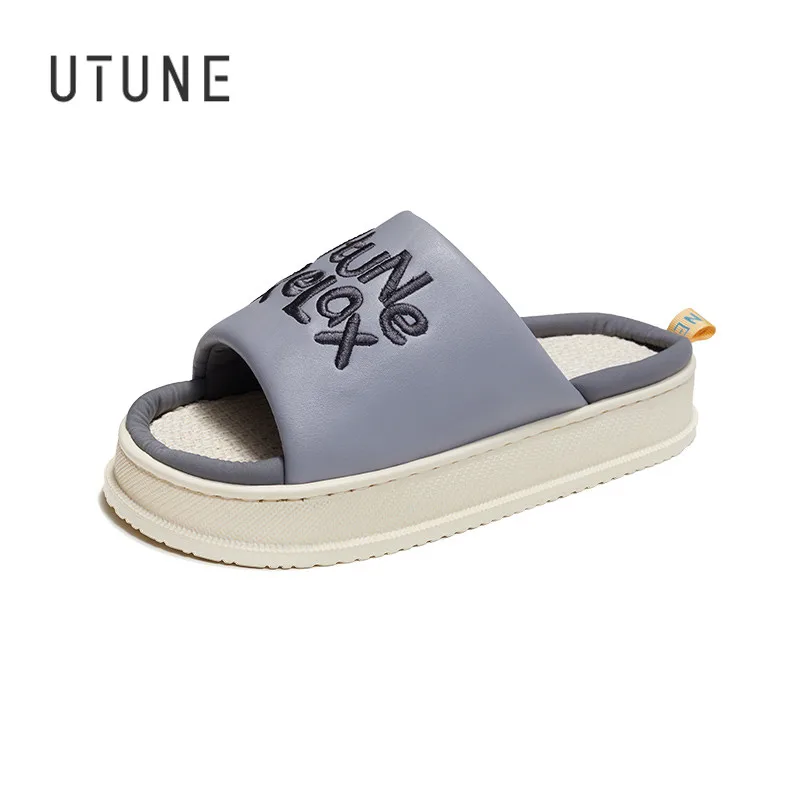 

UTUNE Шлепанцы мужские и женские с вышивкой, льняные сандалии на платформе, домашняя обувь, сланцы, для улицы, весна-лето