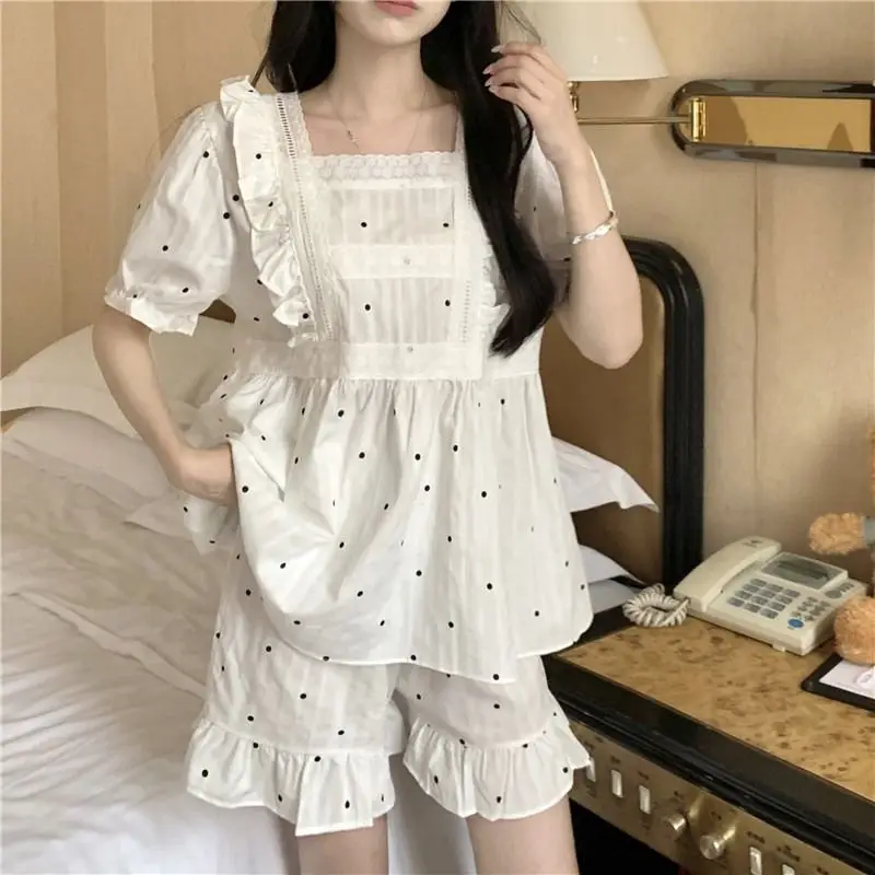 

Polka Dot Sleepwear Women Pajamas Shorts Set Summer Pijama 2 Pieces Lace Loungewear Short Sleeve Ruffles Home Suit Night Wear