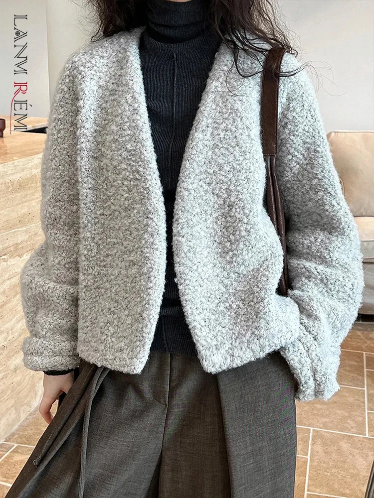 

LANMREM, корейский стиль, шерстяное короткое пальто для женщин, v-образный вырез, рукав «летучая мышь», свободный однотонный кардиган, винтажный, новинка зимы 2023, 2AA3617