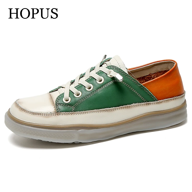 

HOPUS Woman Vulcanize Shoes New Summer Retro Mixed-Color Shoes For Women Genuine Leather Slip-on Flats Casual Breathable Trendy