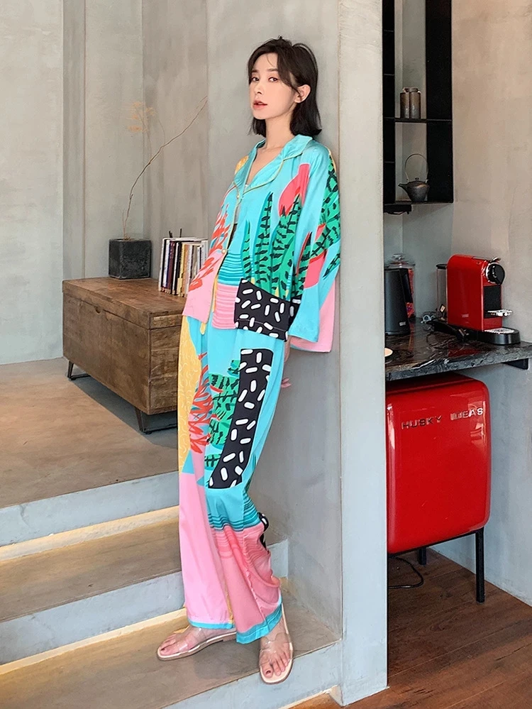 Women's Pajama Set Couple 2 Pcs Suit with Pants Summer Spring Ladies Print Sleepwear Long Sleeve Homewear for Female 2023 New