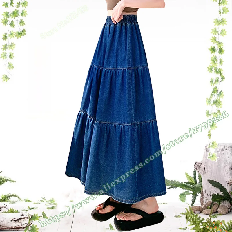 

Female Clothing Plus Large Size Summer Korean Version Fashion Pleated Cake Denim Jeans Long Maxi Skirt Women's