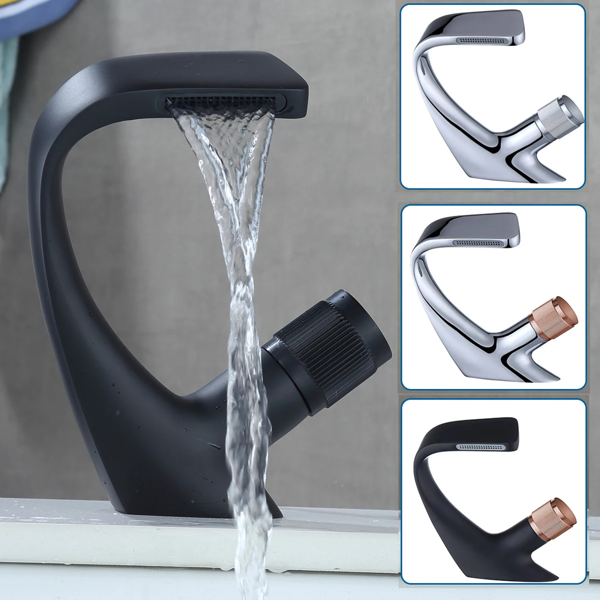 Смеситель для раковины в ванную комнату черный кран с одним отверстием