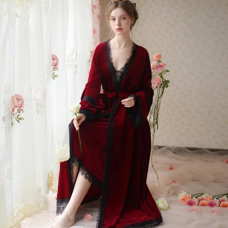 

French Style Velvet Robe Two Piece Set Women's Winter Dressing Gown Long Robes For Women Lace V Neck Romantic Nightie FG493