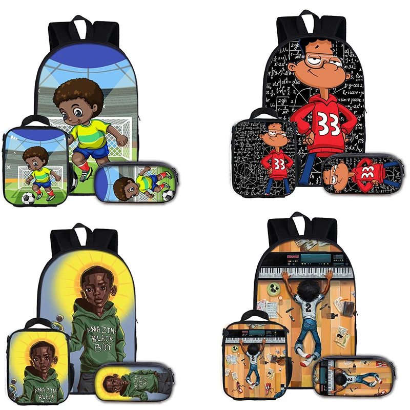 

3pcs/Set Afro Boy Backpack Youth School Combination Book Bag Lunch Bags Pencil Bag Kids Favorite Gift