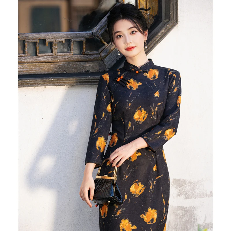 Plus rozmiar 3XL Qipao eleganckie kobiety Cheongsam Vintage sukienka w stylu chińskim seksowny nadruk długie rękawy Vestidos sukienki na co dzień