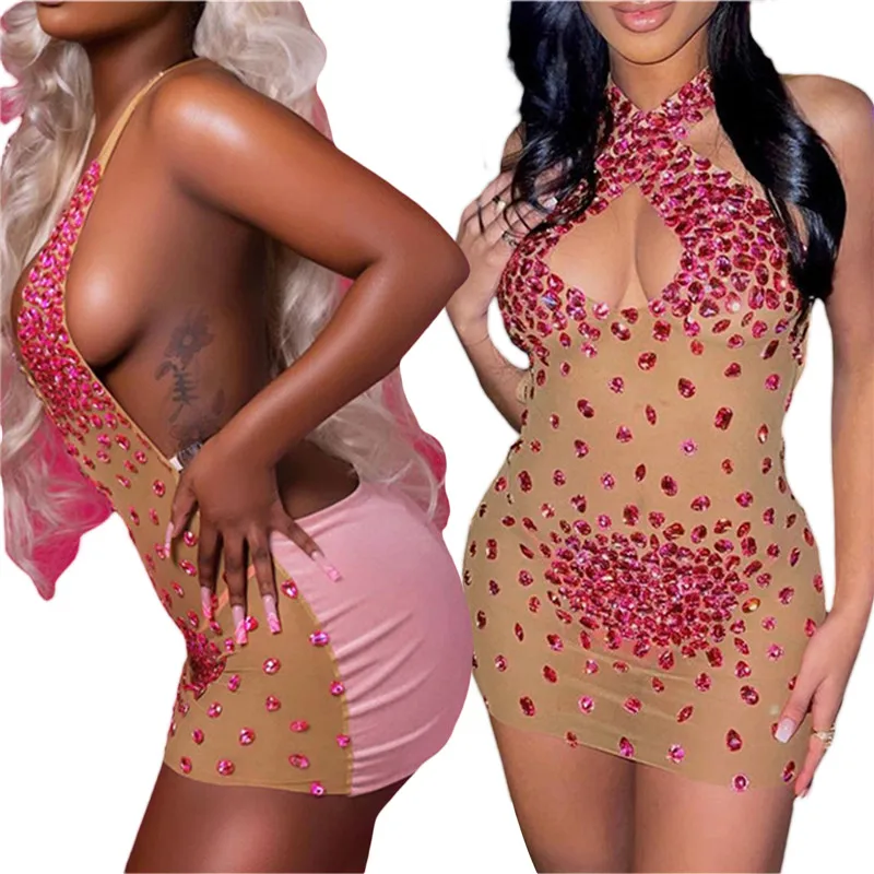 

Women's Sexy Bodycon Halter Dress Rhinestone Decor Sleeveless Backless Contrast Color Patchwork Slim Short Dress Party Club