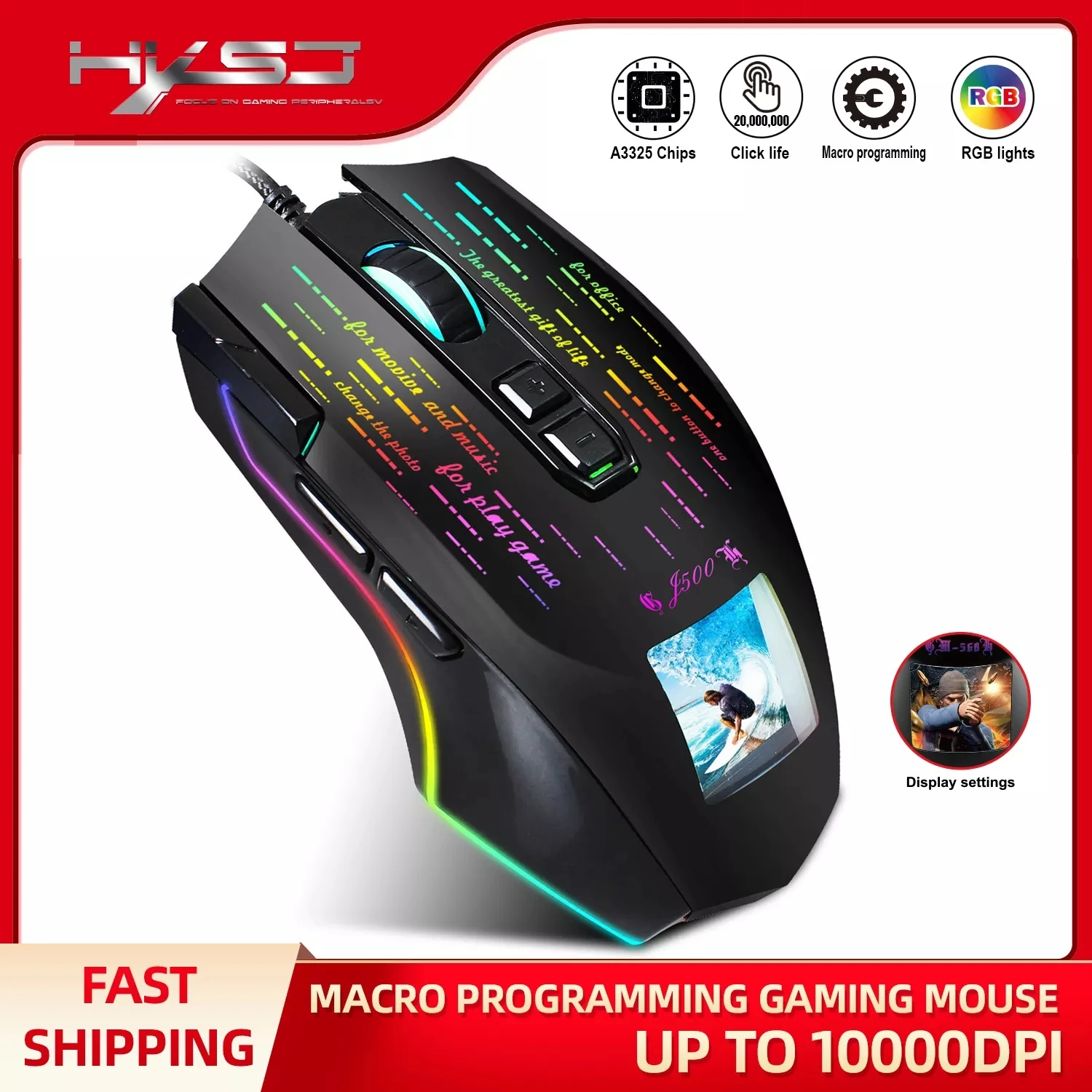 

HXSJ Wired Gaming Mouse RGB Backlight USB 10 Buttons 10000 DPI Programming Wired Mice For Laptop Desktop Office Home PC Gamer