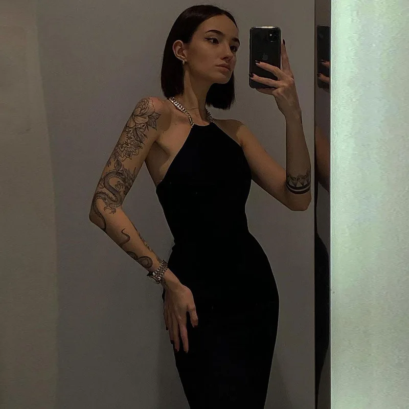 

Women's Black Halter Sleeveless Slim Tight Dress 2022 Summer Hollow Out Backless Sexy High Split Club Party Dress